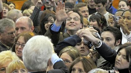 Former President Bill Clinton greets the crowd gathered  yesterday at Washington & Jefferson College, where he stumped for his wife, Sen. Hillary Rodham Clinton.