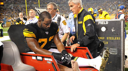Offensive guard Kendall Simmons is carted off the field with an ankle injury last night at Heinz Field.