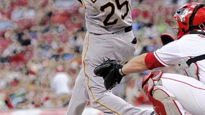 Adam LaRoche hits a two-run home run off Reds starter Aaron Harang last night in Cincinnati. LaRoche drove in all three runs for the Pirates in their 4-3 loss to the Reds.