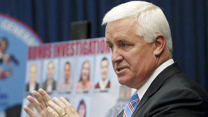 Pennsylvania Attorney General Tom Corbett outlines the results of his office's grand jury investigation into the bonusgate scandal yesterday.