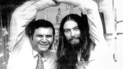 When the Beatles split, Pete Bennett, left, worked on their various solo careers. He helped George Harrison, right, with his 1972 "Concert for Bangladesh."