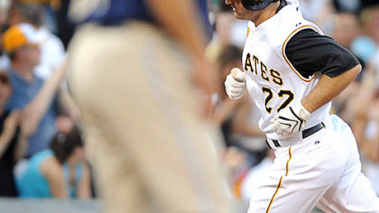 Xavier Nady rounds the bases after hitting one of the Pirates' three home runs last night against the Padres.