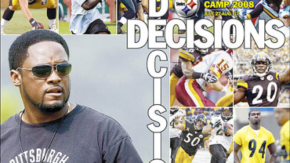 Pictured from top, left to right: Row 1, Sean Mahan, Rashard Mendenhall, Chris Kemoeatu, Ryan Grant; Row 2, Deshea Townsend, Bryant McFadden; Row 3, Larry Foote, Lawrence Timmons; Row 4, Mike Tomlin, Willie Parker.