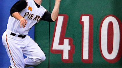 Jason Bay runs down a ball hit to deep left-center by Washington's Lastings Milledge in the fifth inning last night at PNC Park.
Matt Capps wipes his brow after allowing Lastings Milledge's go-ahead two-run homer in the ninth.