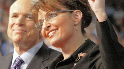 Alaska Gov. Sarah Palin acknowledges the crowd as she's introduced yesterday as Sen. John McCain's running mate.