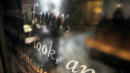 A portion of etched glass in the gallery of the new Museum and Visitor Center at Gettysburg National Military Park focuses on the significance of President Lincoln's "Gettysburg Address". Visitors may read the address or listen to its recitation by actor Sam Waterston.