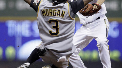 Nyjer Morgan (3) breaks up a double play as he slides into Milwaukee Brewers shortstop J.J. Hardy during the seventh inning of yesterday's game in Milwaukee. The Pirates' Freddy Sanchez was safe at first.