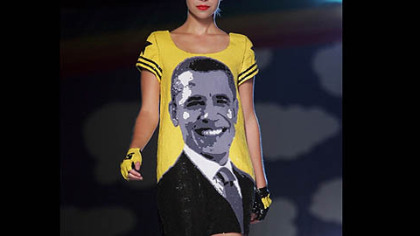 ATHENS, Greece -- A creation by French designer Jean Charles de Castelbajac features presidential candidate Barack Obama, during the spring and summer 2009 Vodafone Athens Collection shows at the Technopolis.