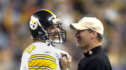 Roethlisberger shares a moment with coach Bill Cowher in the closing seconds of Super Bowl XL. (Feb. 9, 2006)