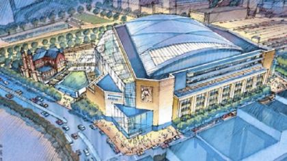 In March 2007, Pittsburgh got its first look at the new arena in a bird's-eye view of the barrel-vault stadium. Since this drawing, the atrium side of the building, facing Epiphany Church, has changed considerably.