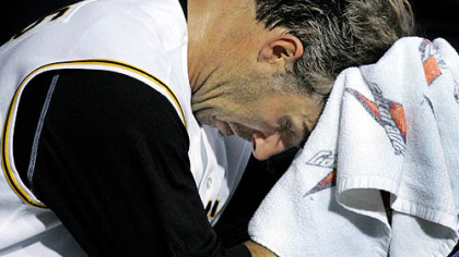 Pirates starter Matt Morris sits on the bench after giving up four runs in the second inning against the Marlins last night at PNC Park.