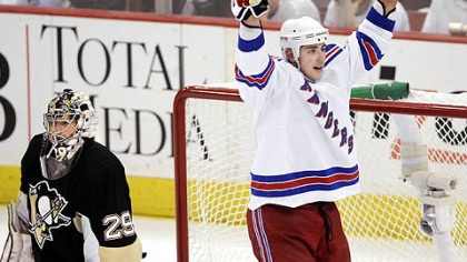 Rangers Brandon Dubinsky celebrates Martin Straka's first-period goal.