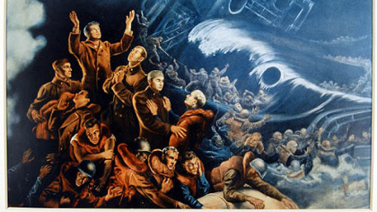 The four chaplains mural hangs above the entrance to the Joseph L. "Ziggy" Kahn Gymnasium, at the JCC Irene Kaufmann building in Squirrel Hill. The mural, painted by Dean Fausett, dramatizes the bravery of four chaplains who served aboard the Dorchester in 1943.