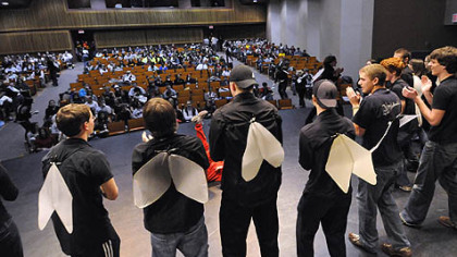 Mt. Lebanon German-language students perform a song during "German Day" at Washington & Jefferson College. More than 350 high school students competed in musical and dramatic presentations, all done in German, throughout the day.