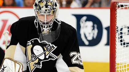 Penguins Marc-Andre Fleury makes save against the Flyers at the Mellon Arena, Sunday.