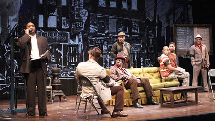 Kennedy Center production of August Wilson's "Jitney."  (l-r) Hassan El-Amin as Booster, John Beasley as Turnbo, Afemo Omilami as Shealy, Eugene Lee as Doub, Anthony Mackie as Youngblood, Roslyn Ruff as Rena, Montae Russell as Philmore.
