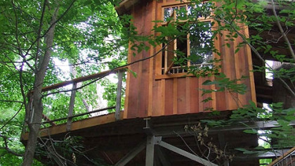 The western red cedar Birdhouse treehouse at Longwood Gardens was built from logs found ins southeast Alaska. Just 255 square feet, it's the smallest of the three structures.