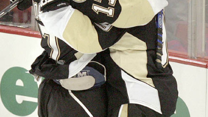 Petr Sykora, left, celebrates after one of his two goals.