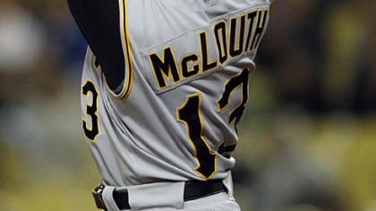 Nate McLouth hits the game winning three-run home run off Los Angeles Dodgers closer Takashi Saito, in the ninth inning at Los Angeles last night.