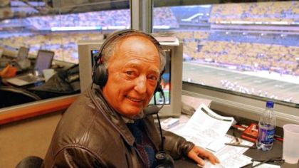 Myron Cope works the Steelers game against the New York Jets at Heinz Field on Dec. 12, 2004.