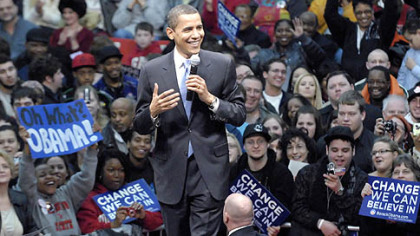 Sen. Barack Obama, D-Ill., campaigns in front of a capacity crowd at Youngstown State University's Beeghly Center yesterday.
