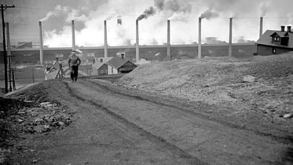The Donora zinc works of American Steel & Wire Co. spew smoke at full blast in 1949.
