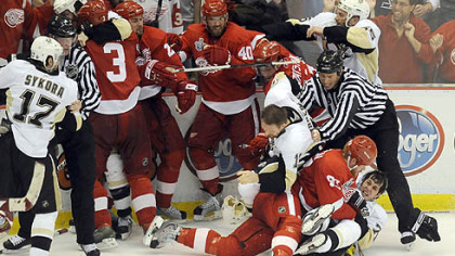 Fisticuffs broke out all around as the third period of Game 2 wound down last night at Joe Louis Arena in Detroit.