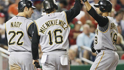 The Pirates' Jose Bautista, right, celebrates with teammates Xavier Nady , and Doug Mientkiewicz after they both scored on Bautista's three-run home run during the third inning of a baseball game against the Washington Nationals, last night in Washington.