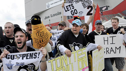 Penguins fans get ready for Game 2 of the Stanley Cup Final against the Red Wings outside Joe Louis Arena in Detroit.