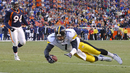 Roethlisberger dives into the end zone for a touchdown in the playoff victory over the Denver Broncos. (Jan. 20, 2006)