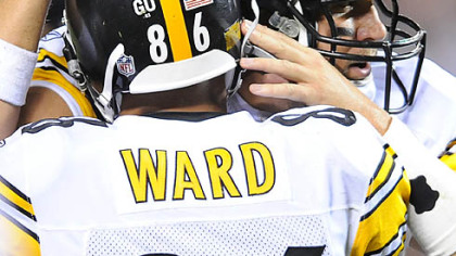 Ben Roethlisberger congratulates Hines Ward after his touchdown in the second quarter.