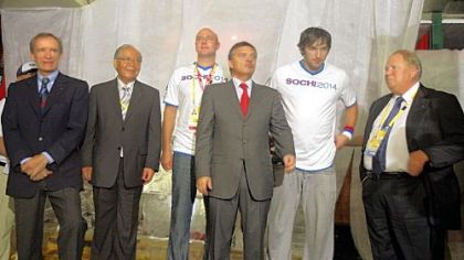 From left, IOC Coordination Commission Chairman for the Sochi winter 2014 Olympics Jean-Claude Killy,  Chiharu Igaya of the IOC Evaluation Commission for the Sochi winter games, CEO of the Sochi games Dmitry Chernyshenko, IIHF President Rene Fasel ,  professional hockey player Alexander Ovechkin, and Russian IOC member Vitaly Smirnov, are seen during a party at the Russia House in Beijing to promote the 2014 Winter Games in Sochi, Russia.