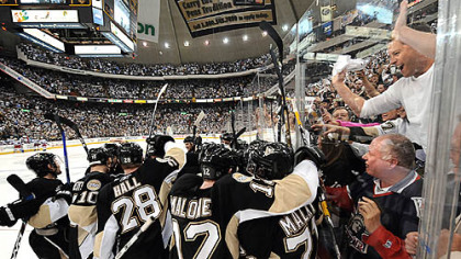 Penguins celebrates after scoring in the overtime beating the Rangers at the Mellon Arena.