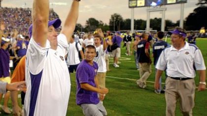 Skip Holtz celebrates with the East Carolina crowd.