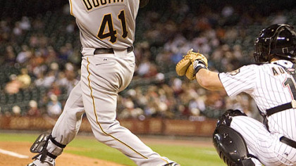 Ryan Doumit (41) shatters his bat as he grounds out in the fourth inning against the Houston Astros as catcher Brad Ausmus, right, looks on in Houston last night.