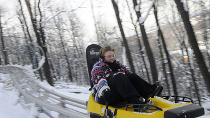 Judy Finkel of Swanton, Md., cruised down the Mountain Coaster at Wisp Resort. The Mountain Coaster was installed at Wisp in August and is open year-round.