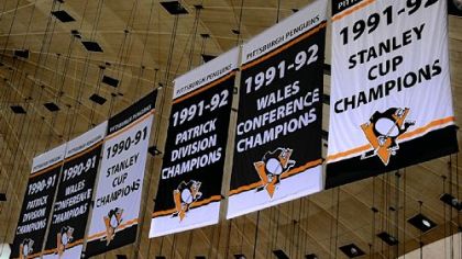 A look at some of the new-old banners hanging from the Mellon Arena rafters.