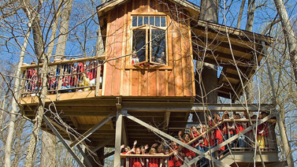 Schoolchildren pose on the steps leading to the Birdhouse treehouse at Longwood Gardens shortly after the treehouse exhibition opened in April.