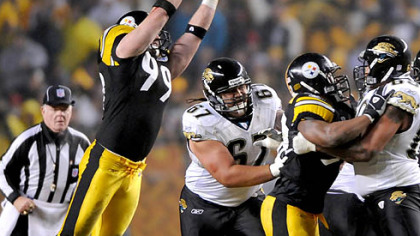 Defensive end Brett Keisel blocks a pass by David Garrard in the first quarter last night at Heinz Field. (vs. Jaguars 1/5/2008)