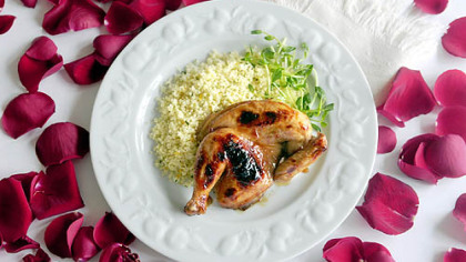 Cornish Game Hen with Pomegranate Glaze with Rose Petal Sauce.