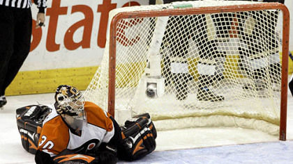 The Penguins scored no matter who the Flyers put in goal yesterday. Evgeni Malkin celebrates after victimizing Antero Niittymaki.