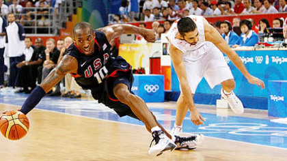 BEIJING -- Kobe Bryant of the United States drives past Juan Carlos Navarro of Spain. The United States won the gold medal game.