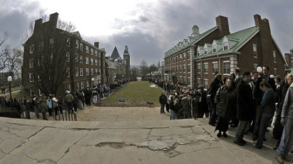 A line, over a mile long, snakes through the Washington and Jefferson College campus waiting for the gym to open for former President Bill Clinton campaign rally on behalf of his wife, Sen. Hillary Rodham Clinton.