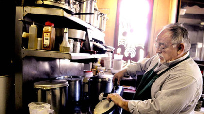 Alexander Jozsa Bodnar, proprietor of Jozsa Corner in Hazelwood, makes "palascinta," a crepe-like hungarian pancake that he fills with strawberry, apricot, raspberry or cottage cheese filling for dessert.
