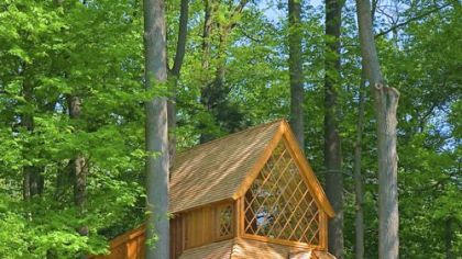 The Canopy Cathedral treehouse at Longwood Gardens was inspired by a Norwegian stave church.Its Douglas fir flooring was remilled from timbers in an old toothpaste factory in Canada.