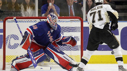 New York Rangers goal tender Henrik Lundqvist, of Sweden, blocks a penalty shot by Pittsburgh Penguins' Evgeni Malkin, of Russia, in the second period during Game 4 of an NHL Eastern Conference semifinal hockey playoff series Thursday, May 1, 2008 at Madison Square Garden in New York.
