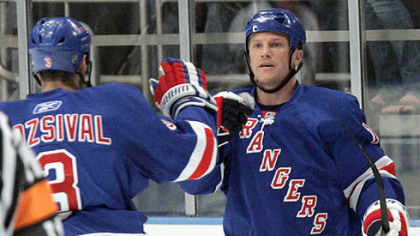 Sean Avery, right, led the Rangers' onslaught against the Penguins with two goals.