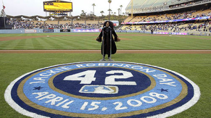 Grammy Award-winner Chaka Khan, sings the national anthem before the start of the Pirates' and Dodgers' baseball game in Los Angeles on Tuesday. Chaka Khan was part of the pregame events to celebrate the 61st anniversary of Jackie Robinson breaking the color barrier.