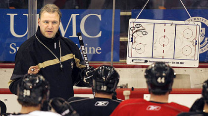 Penguins head coach Michel Therrien giving instruction during team workouts at the Mellon Arena.