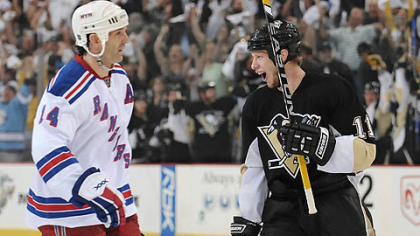 Jordan Staal celebrates a goal against the Rangers at Mellon Arena.